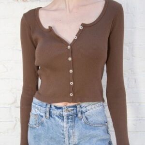 Brandy Melville chocolate brown cardigan long sleeve top with pearl buttons
